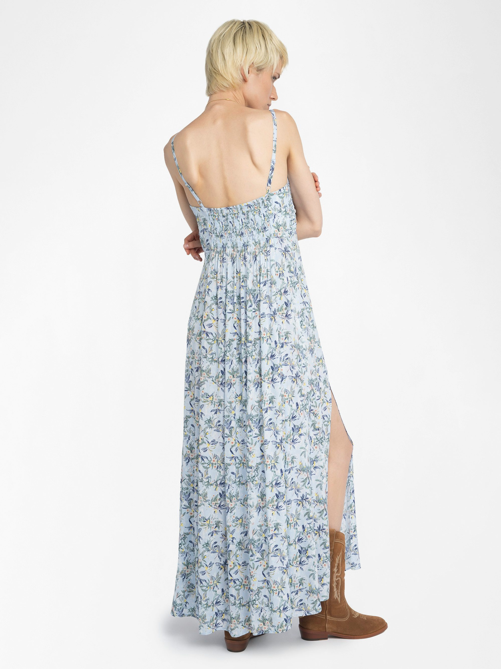 Rippie Dress - Long printed viscose dress with adjustable straps and pleated bodice.